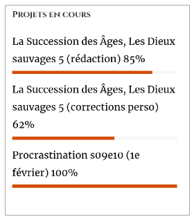 L'image montre des barres de progression en fonction des projets en cours de l'auteur Lionel Davoust. La succession des âges 5 - rédaction à 85%, La succession des âges - corrections persos à 62%, Procrastination saison 9 épisode 10 à 100%.