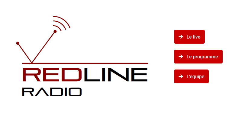 Le logo de RedLine radio, représentant une antenne stylisée et des ondes émises. Trois boutons sur la droite, menant au Live, au Programme, à l'équipe.